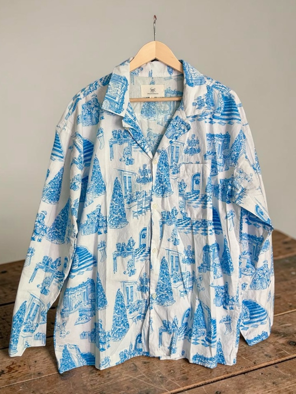 Printfresh Kathy Hilton Holiday Toile Poplin Pajama Top Sleep Shirt Blue Sz L